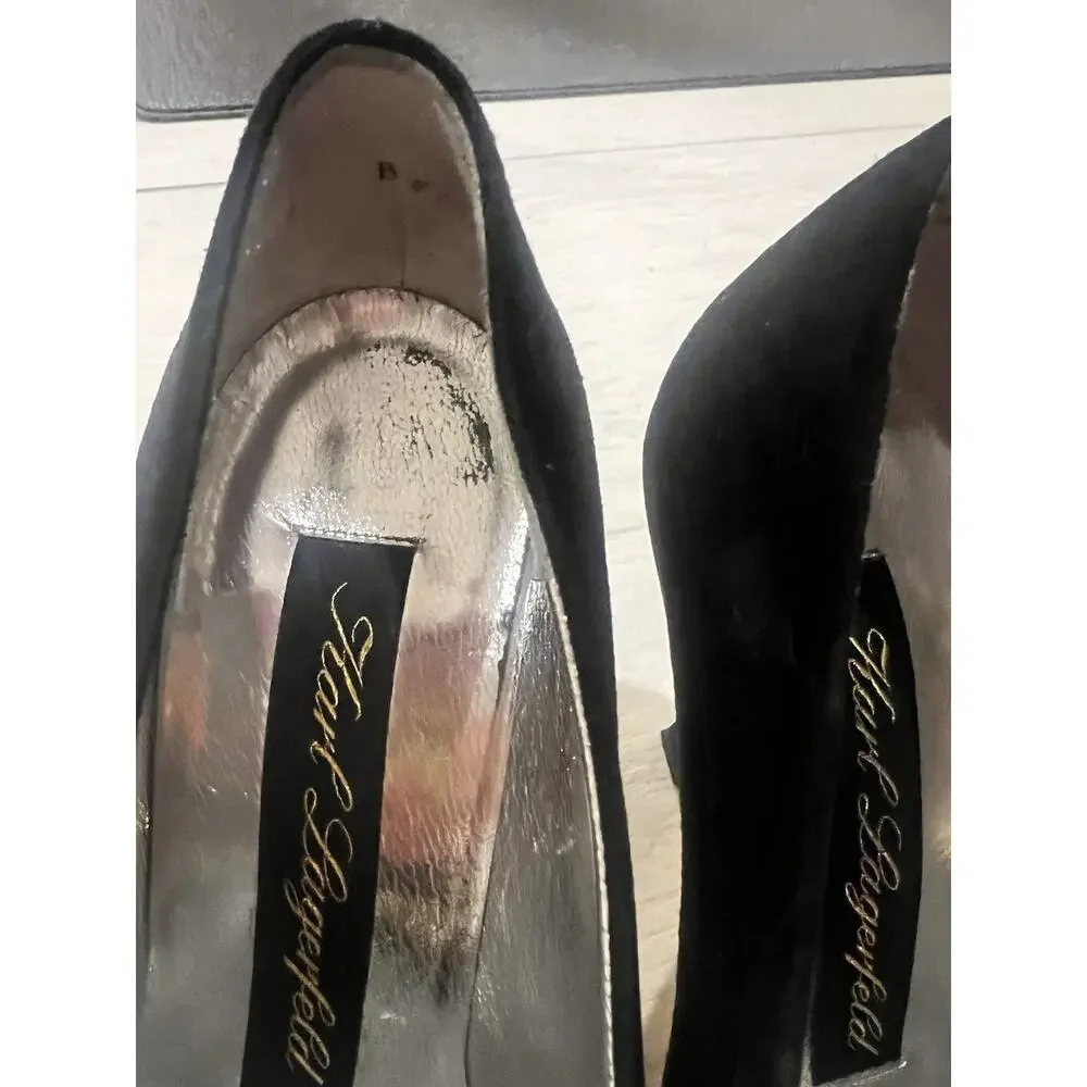Vintage Karl Lagerfeld Black Suede Glamour Heels Gold Fan Accent Women Size 7